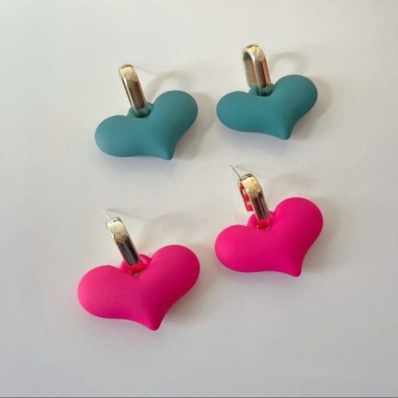 *50% OFF! 2 pair Heart earrings gold pink teal blue dangle drop hearts Y2k retro - Picture 4 of 5